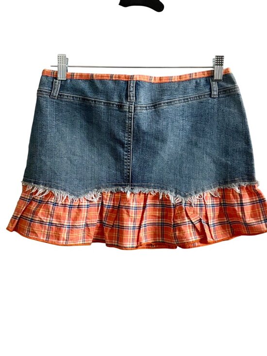 Clash Y2K Blue Denim & Orange Plaid Festival Floral Embroidered Preppy Skirt M - Picture 2 of 9